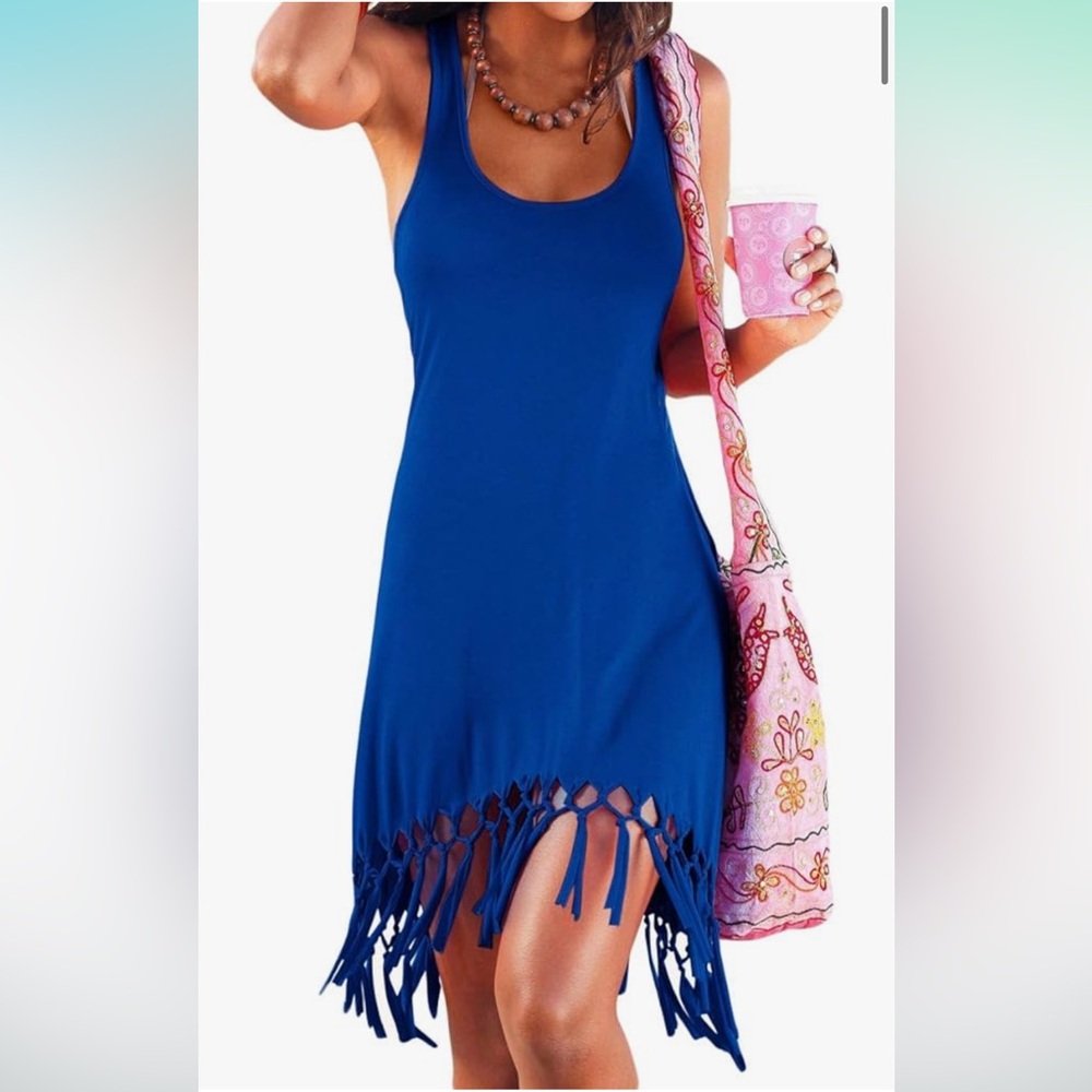 Vacation Dress/Swim Cover-Up with Crochet Fringe Hem-Cobalt Blue